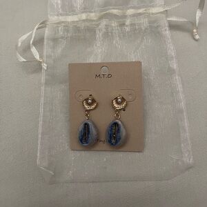 Blue Shell Drop Earrings with Gold Accents